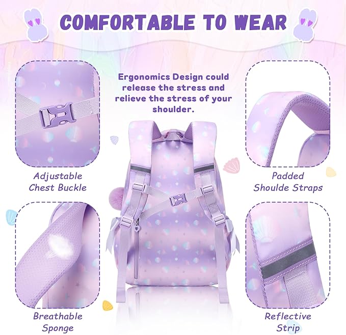 PIG PIG GIRL Kids Backpack for Girls - School Bags for Middle School Students - Book Bag for Elementary Primary - Kawaii Ita Backpack - Purple Shell