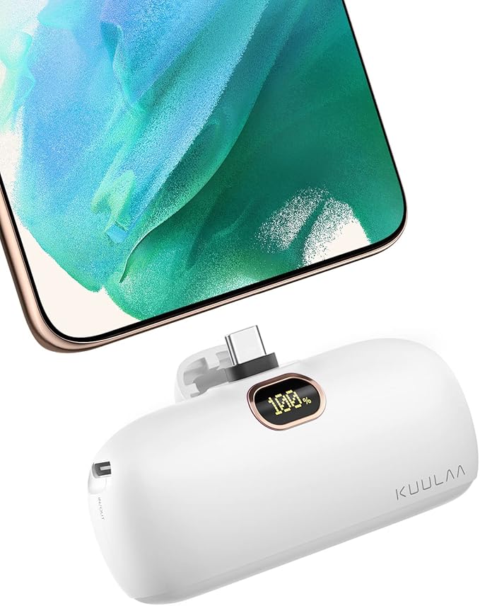 Kuulaa Portable Phone Charger with Built-in USB-C Plug, 5000mAh Mini Portable Charger Power Bank Small Battery Pack for iPhone air/15/16,Samsung S22/S23 & Android (White)