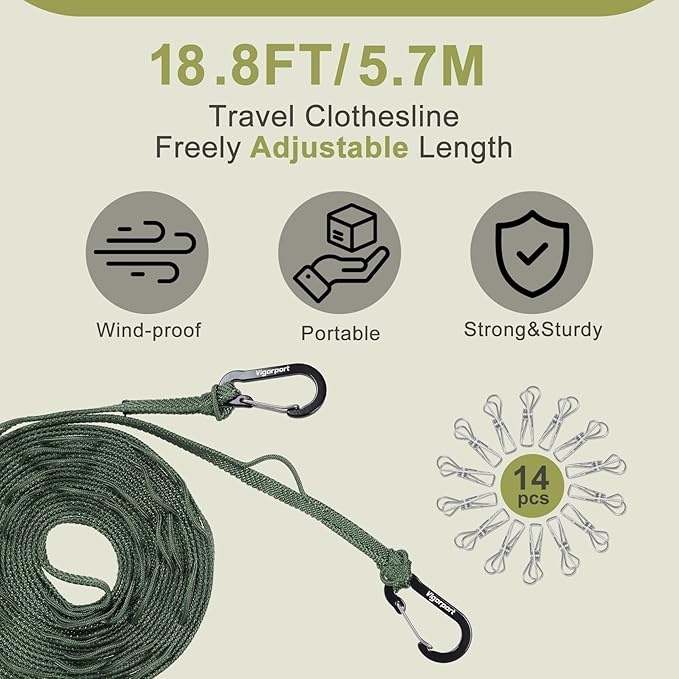 Vigorport Portable Travel Clothesline, Windproof Clothes Line with Hang Hole, Indoor and Outdoor Laundry Line with Clothespins for Hotel, Camping, RV, Cruise Ship (Green, 18.8Ft)
