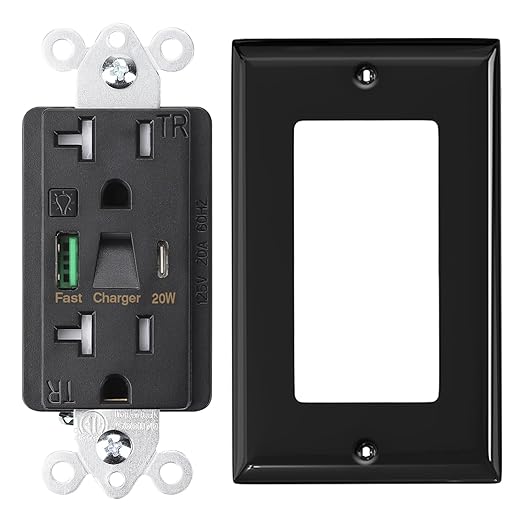 PD USB Outlet with Light,20W Power Delivery USB Receptacle with Night Light, 20A Tamper-Resistant Wall Outlet, Fast Charging Type A & USB-C Charger for Smartphones, Laptops, Tablets (10, Black)