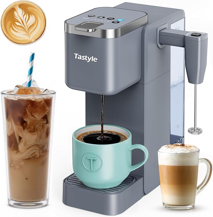 Tastyle Single Serve Coffee Maker with Built-in Detachable Milk Frother, Iced and Hot Coffee Machine for K Cup & Grounds, 40oz Removable Water Reservoir, 6 Cup Sizes, Fits 7.3" Travel Mug, Gray