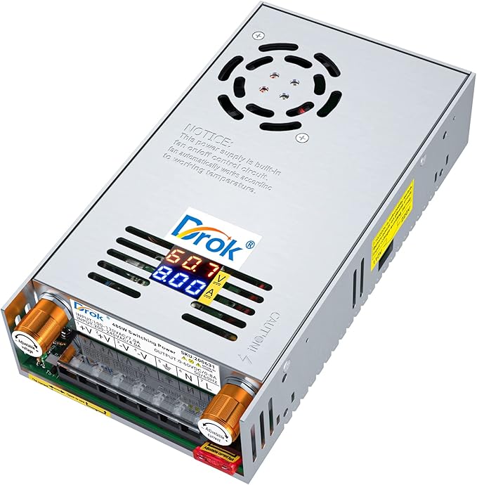 DROK 60V Power Supply, AC 110V 220V to DC 0-60V 0-8A 480W Buck Converter, Amp Adjustable Adapter Regulated 12V 24V 36V 48V 60Volt Switching Voltage LED Transformer Charger for Computer CCTV Lab