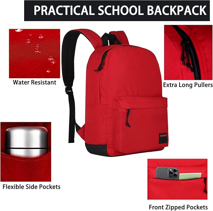SUPACOOL Casual Laptop Backpack for Men and Women, Backpack for College, USB Charging Port, Lightweight Pack Back(Red)