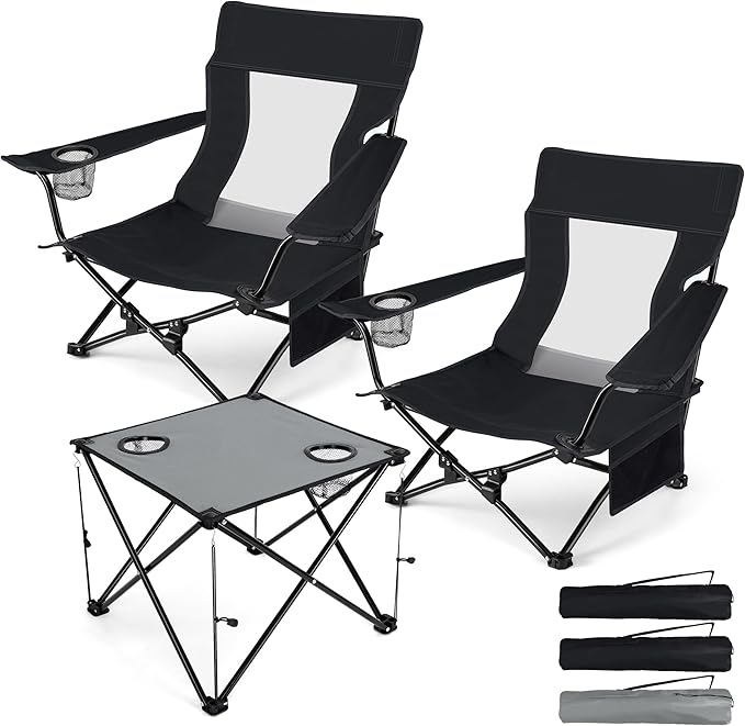 HaSteeL Folding Beach Chair Set of 3, Foldable Black Camping Chairs & Grey Table for Outside, Low Beach Chair Portable for Adults Fishing, Picnic, Outdoor BBQ, Cup Holder & Storage Bag