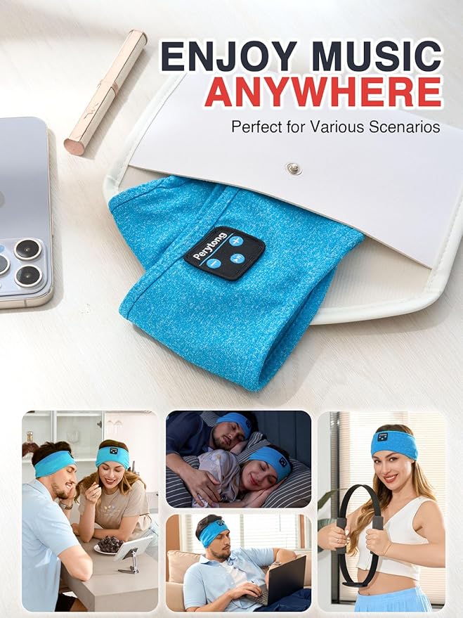 Perytong Sleep Headphones Wireless, Bluetooth Sports Headband Headphones with Ultra-Thin HD Stereo Speakers Perfect for Sleeping,Workout,Jogging,Yoga,Insomnia, Air Travel, Meditation (Azure)