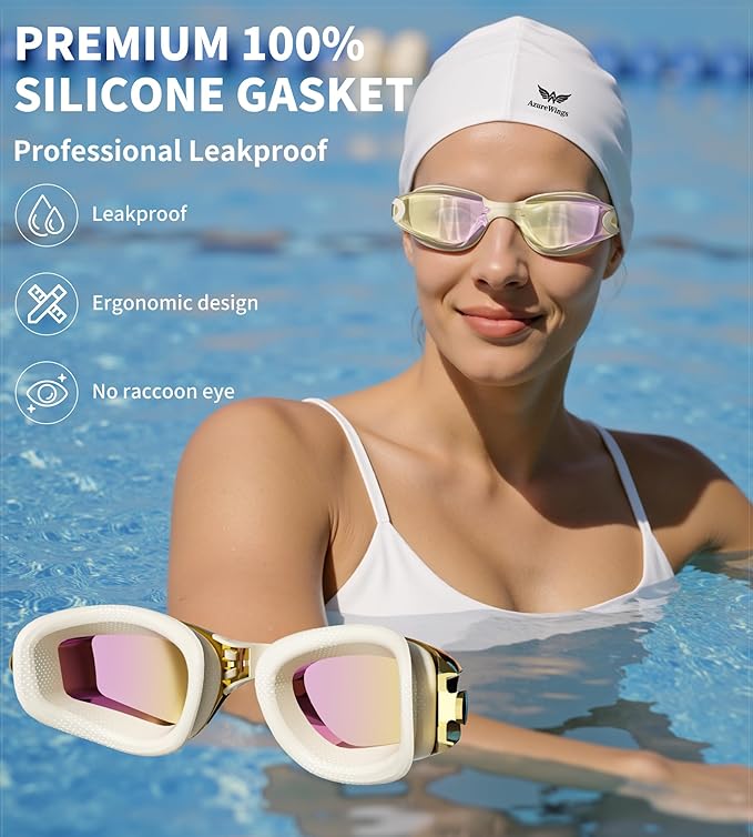 7 in 1 Swim Goggles + Swim Cap for Men Women,No Leak Anti-Fog & UV, Wide Visio HD Mirror PC Lens