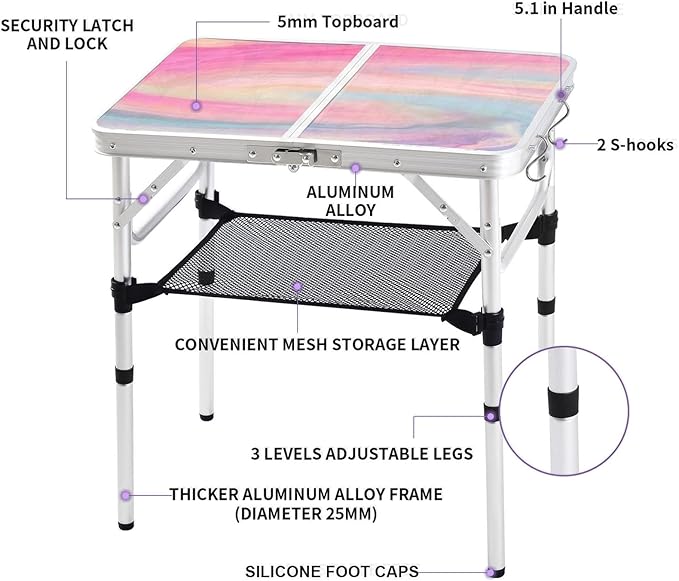 Yriuat Folding Camping Table 2ft Portable Pinic Table Adjustable Height Small Card Table Aluminum Foldable Lightweight with Carry Handle for Outdoor Indoor Hiking Camp BBQ Beach (Blush Haze)