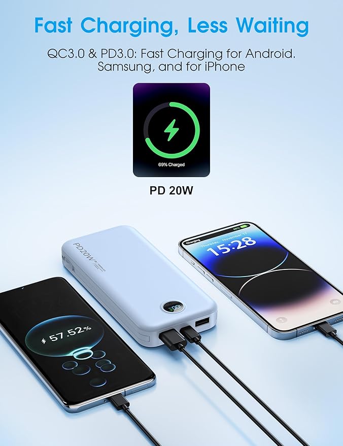 Portable Charger with Built-in Cables and Wall Plug, 10000mAh PD20W USB C Power Bank Fast Charging with LED Display, External Battery Pack Travel Essentials Compatible with iPhone, iPad, Samsung Blue