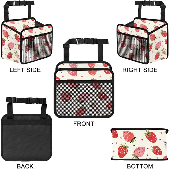 Car Backseat Organizer, PU Leather Back of Seat Cars Hanging Organizer with Pockets Leakproof Car Garbage Bag Hanging Cars Seat Storage Box Travel Accessories Foldable (White Strawberries)