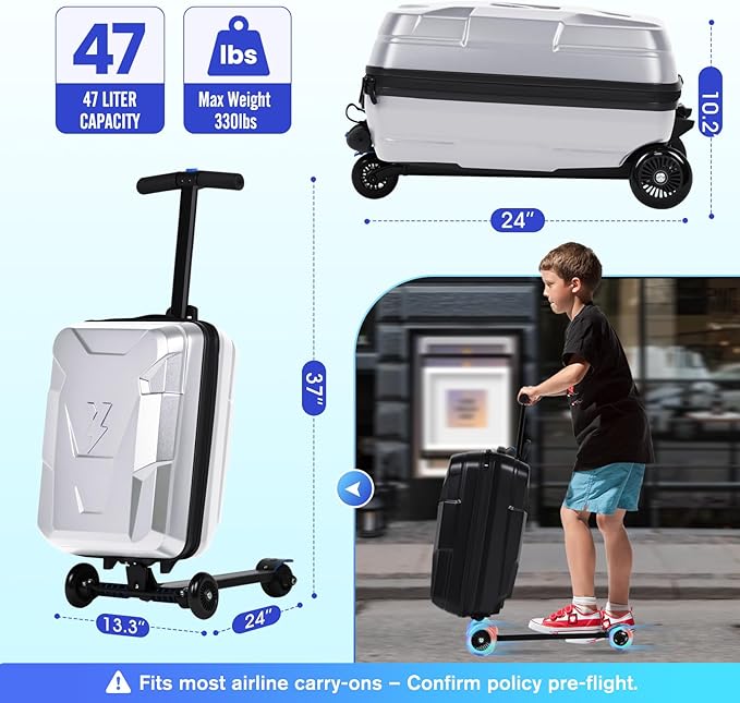 smilesun Scooter Suitcase for Kids & Adults, Foldable Carry On Travel Luggage, Hardside Ride on Scooter Suitcase with Spinner Wheels，Silver