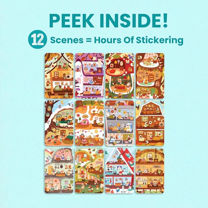 Cozy Homes of Furry Friends 500+ Sticker Book by Cupkin Fun Toddler Calendar Activity Coloring + Sticker Book, Road Trip Essentials, 12 Coloring Pages + Scenes for Ages 2–8 Years