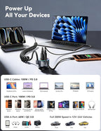 200W Car Charger USB C, PD100W Fast Charge w/100W Type C Fast Charging 5FT Coiled Cable, PD3.0/QC4.0/PPS Cigarette Lighter Phone Adapter for iPhone 17/16 ProMax, MacBook Pro/Air, Samsung S26/S25, iPad