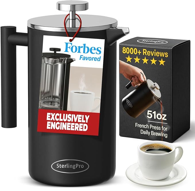 SterlingPro Stainless Steel French Press Coffee Maker 1.5 L (51 oz) Black – Double Walled Insulated Large Coffee Press, Durable Design Keeps Drinks Hot, Easy to Use and Clean for Rich Flavor Brewing