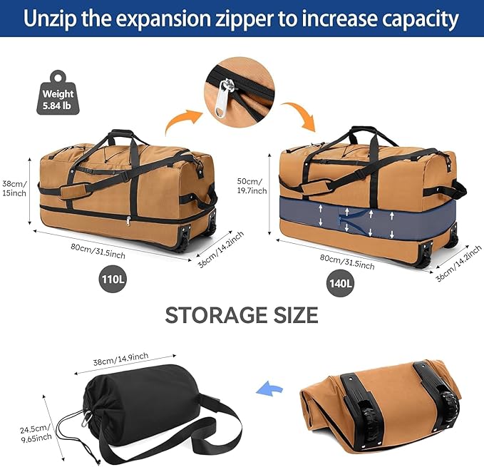 Rolling Duffle Bag with Wheels,110L/140L Expandable Soft-Sided Foldable Duffle Bag with 2 Rubber Wheels,Packable 32” Rolling Carry-On with Multi-Pockets & Compartments (brown)