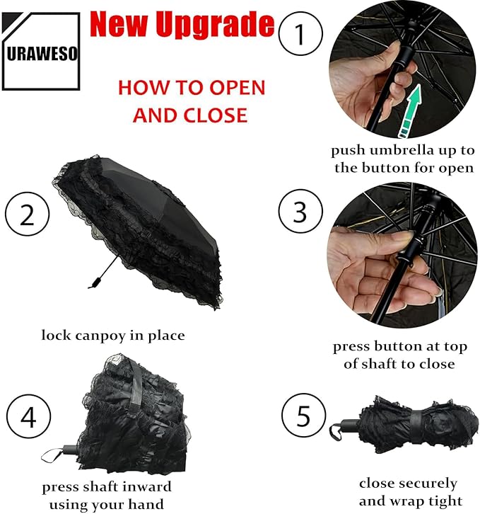 URAWESO Vintage Lace Parasol Gothic Lolita Umbrella UV Sun Protection Witch Cosplay Photoshoot Props Party Decoration