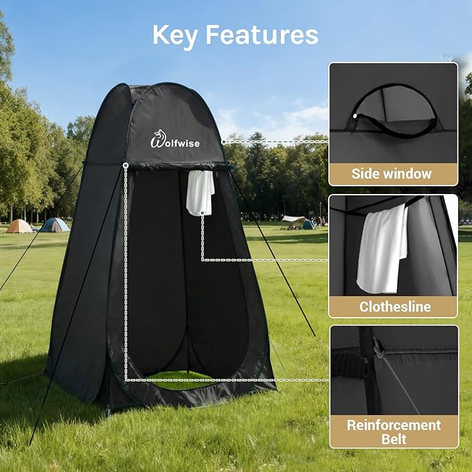 Wolfwise Pop Up Shower Tent, Portable Instant Changing Tent with Ventilation Window & Carry Bag, Privacy Bathroom Toilet for Beach, Camping & Outdoor, Width 47 ", Height 83 ", Black