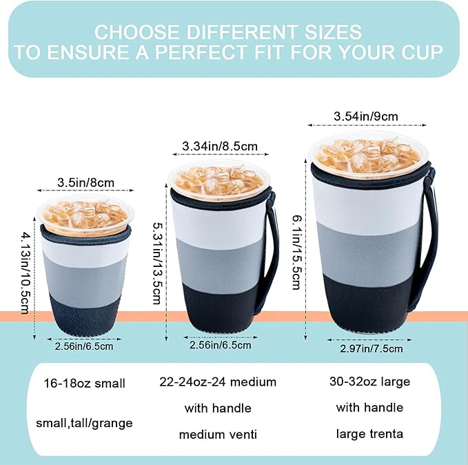KJQJLY 3 Pack Reusable Iced Coffee Sleeves for Iced Coffee Cups or Drinks Reusable Neoprene Insulated Sleeves for Hot and Cold Drinks from Starbucks, Dunkin, And More (Navy Blue)