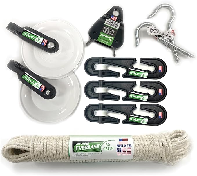 EVERLAST Clothesline Kit w/ 2 Pulleys, 3 Separators, 1 Line Tightener & 2 Hooks (100 Feet Clothes Line Included) | Complete Laundry Hardware Set | Weatherproof | Made in USA | Model #100