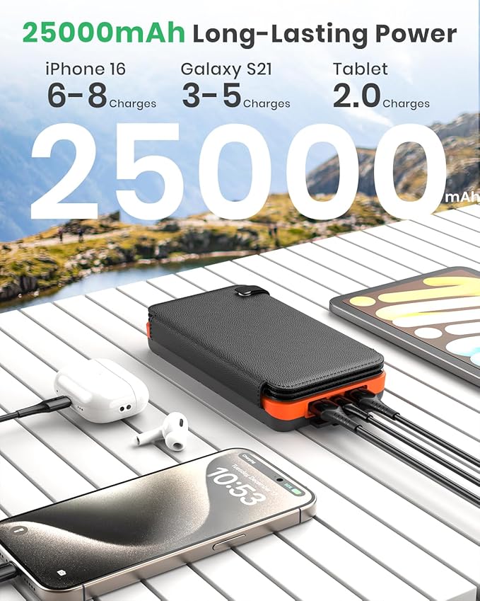 Hiluckey Solar Charger 25000mAh, Outdoor USB C Portable Power Bank with 4 Solar Panels, 3A Fast Charge External Battery Pack with 3 USB Outputs Compatible with Smartphones, Tablets