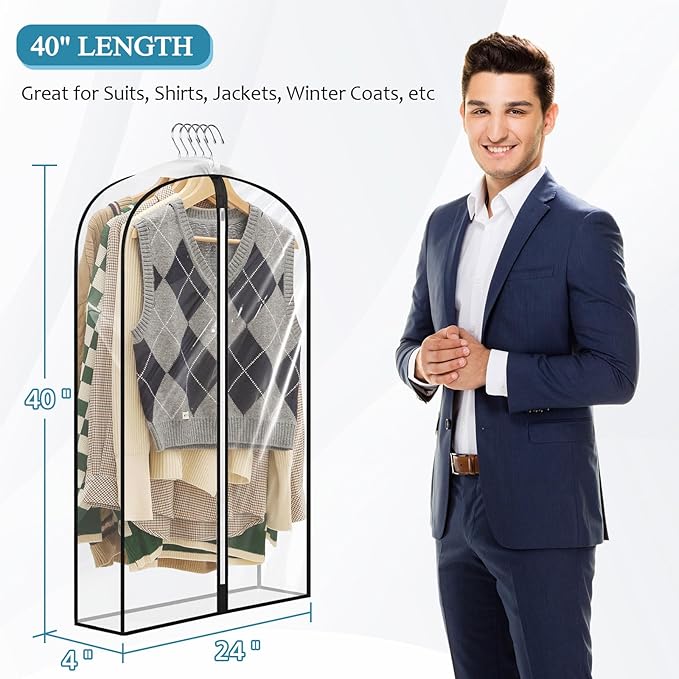 40" All Clear Garment Bags for Hanging Clothes, 4" Gusseted Suit Bags for Closet Storage, Plastic Garment Covers with Zipper for Coats, Jackets, Shirts, 4 Packs