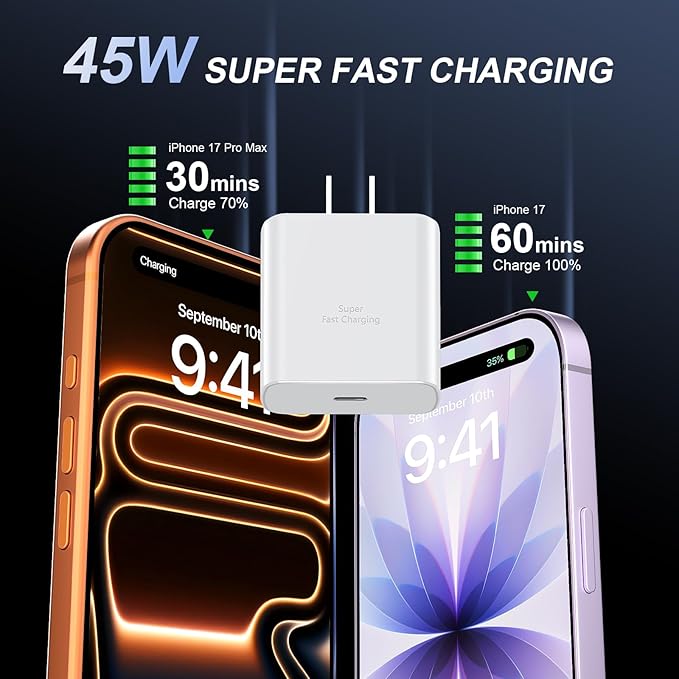 Phone 17 16 Pro Max Charger Fast Charging, 45W USB C Phone 17 16 Super Fast Charger Block with 6.6ft Long Type C Charging Cable Cord for i.Phone 17 Pro Max/17 Pro/17 Air/17/16/16Pro/16 ProMax-White