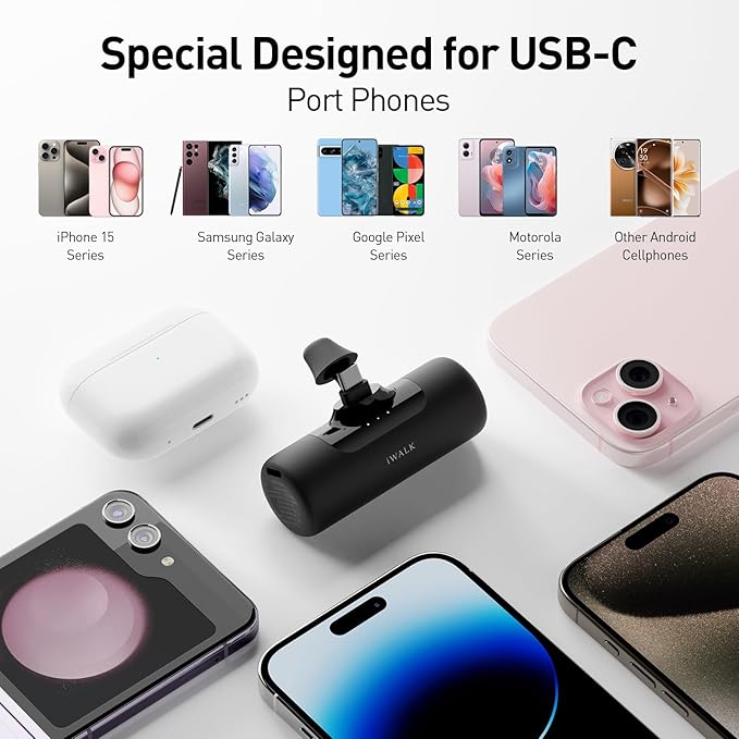iWALK Portable Charger for iPhone 15/16/17, Power Bank with Build-in USB C Connector, 4,500mAh Battery Pack Phone Charger for iPhone Series, Samsung S22/23/S24 Series and Android, Black