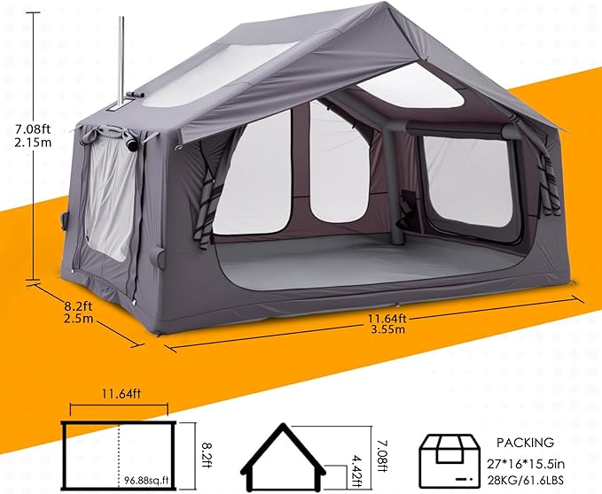 Inflatable Camping Tent with Electric Air Pump - 420D Heavy Duty Oxford - 5 Min Auto-Inflation - Panoramic Stargazing Skylight - 4 Season Luxury Glamping Cabin, 4-10 Person Multiple Sizes