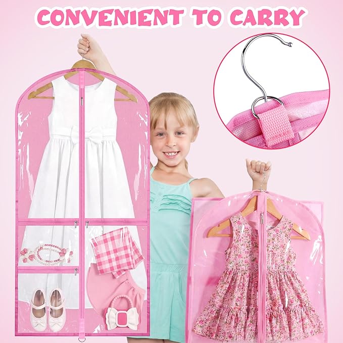 Woanger 6 Pcs Garment Bags for Dance Costumes Clear PVC with Zippers Garment Bag with Pockets Dance Costume Organizer Carrier for Storage Cover for Adult(Clear Pink,20'' X 40'')
