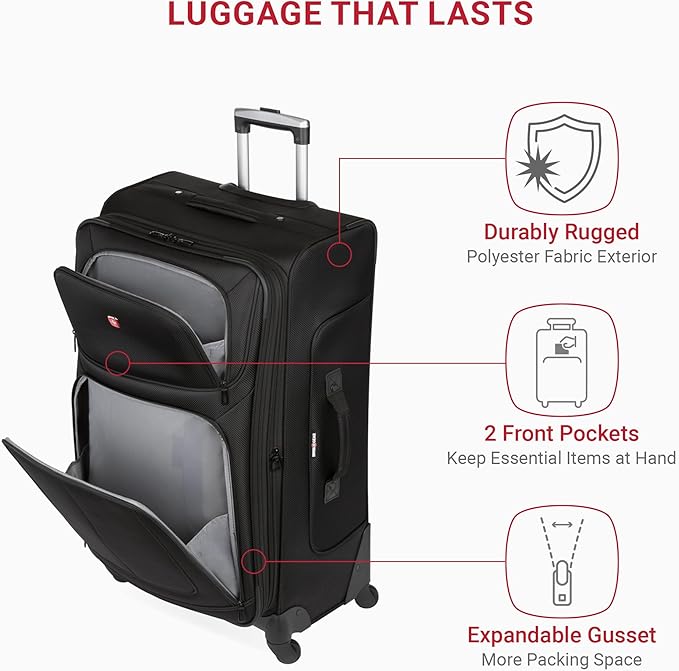 SWISSGEAR Sion Softside Expandable Spinner Luggage Durable Lightweight Travel Suitcase, Black, Checked-Large 29-Inch