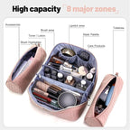 BOYATU Travel Makeup Bag Cosmetic Bags for Women: Large Capacity 3 Pcs Set Make up Bag with Compartments - Waterproof Vegan Leather Toiletry Organizer Bags with Handle (L04 Light Pink)