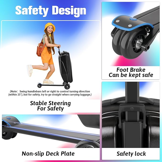 smilesun Scooter Luggage For Kids & Adults， Hardside Ride On Suitcase For Kids Ages 4-15 Multifunctional Lightweight Foldable Carry On Luggage With Wheels Ride On For Children Teenagers（Coal Black）