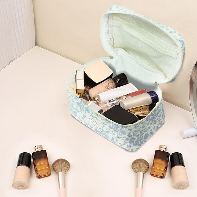 Gosect Large Travel Quilted Makeup Bag for Women,Big Floral Cotton Cosmetic Bag, Cute Coquette Aesthetic Floral Toiletry Organizer Bag (Blue Rose)