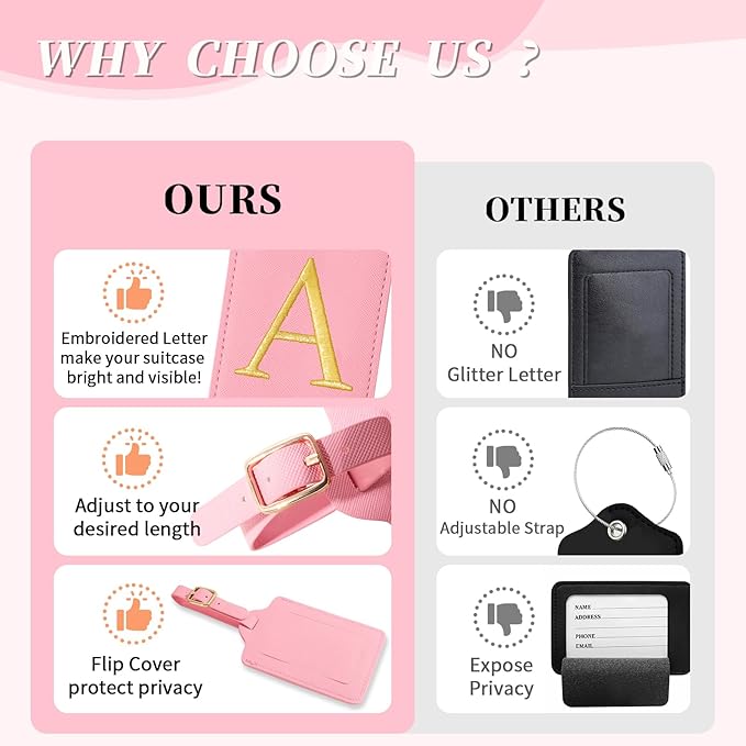 Personalized Initial Luggage Tags for Suitcase, Pink Leather Cute Luggage Tags with Privacy Cover Name Card, Embroidered Custom Monogrammed Luggage Tag Travel Bag Baggage Tags Gifts for Women Kids(A)