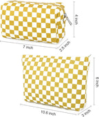 SOIDRAM 2 Pcs Checkered Makeup Bag Large Cosmetic Bag Toiletry Bag Makeup Pouch Travel Bag Organizer Cute Makeup Brushes Aesthetic Accessories Storage Bag for Women Golden Yellow