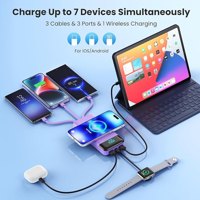 Wireless Portable Charger 40800mAh for iPhone with 3 Built-in Cables,7-in-1 15W Wireless Charging USB C Power Bank,25W PD Fast Charging Travel Essential Battery Pack for iPhone 17/16/15,Android-Purple