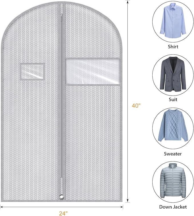 Syeeiex 40" Suit Bag, Set of 5 Garment Bags for Hanging Clothes, Suit Bags for Closet Storage, Garment Bags for Storage Suits,T-shirts, Jackets and Coats(Grey Arrow)