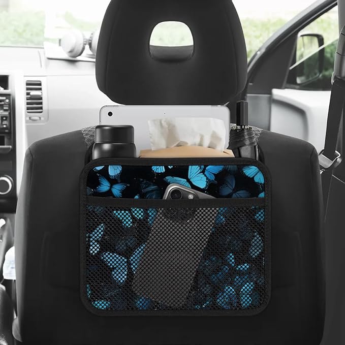 Car Backseat Organizer, PU Leather Back of Seat Cars Hanging Organizer with Pockets Leakproof Car Garbage Bag Hanging Cars Seat Storage Box Travel Accessories Foldable (Blue Butterfly)