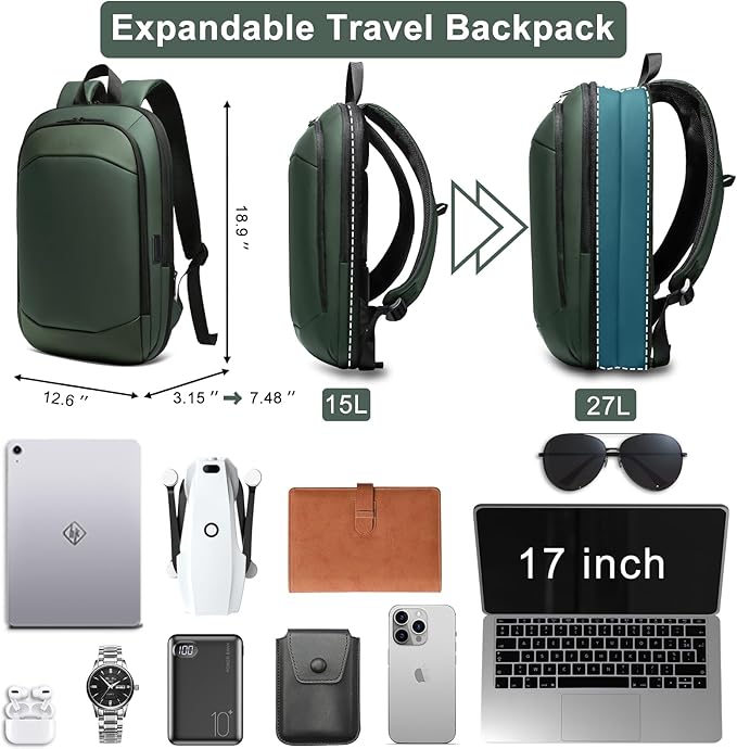 Business Backpack 17 Inch Slim Expandable Waterproof Travel Laptop Backpacks with USB Charger Port Anti-Theft Lightweight Large Work Computer Bag College Laptop Backpacks Gifts for Men Women, Green