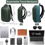 Business Backpack 17 Inch Slim Expandable Waterproof Travel Laptop Backpacks with USB Charger Port Anti-Theft Lightweight Large Work Computer Bag College Laptop Backpacks Gifts for Men Women, Green
