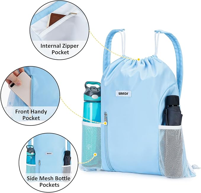 WANDF Drawstring Backpack with Shoulder Pad Sports Gym Backpack with Mesh Pocket String Bag for Women Men(Blue)