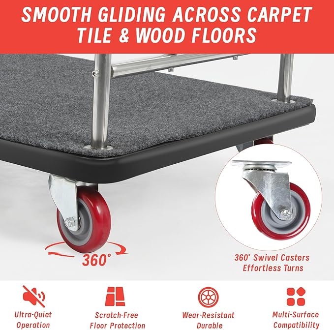 Hotel Luggage Cart with Top Frame, Bellman's Cart with Red Rubber Wheels, Rectangular Refined Stainless Steel Commercial Grade Hotel Luggage Trolley with Black Carpeted Deck for Hotels