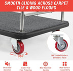 Hotel Luggage Cart with Top Frame, Bellman's Cart with Red Rubber Wheels, Rectangular Refined Stainless Steel Commercial Grade Hotel Luggage Trolley with Black Carpeted Deck for Hotels