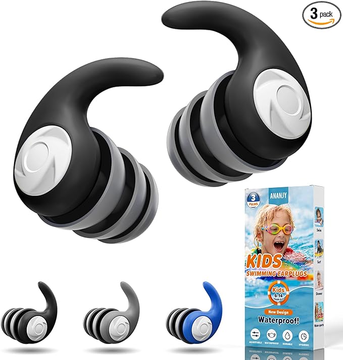 Waterproof Swimming Ear Plugs for Kids - 3 Pairs of Reusable Soft Silicone Swim Earplugs,Ear Protection for Children (4-12 Years Old) - Ideal for Surfing, Diving, Pool, Showering, and Water Sports