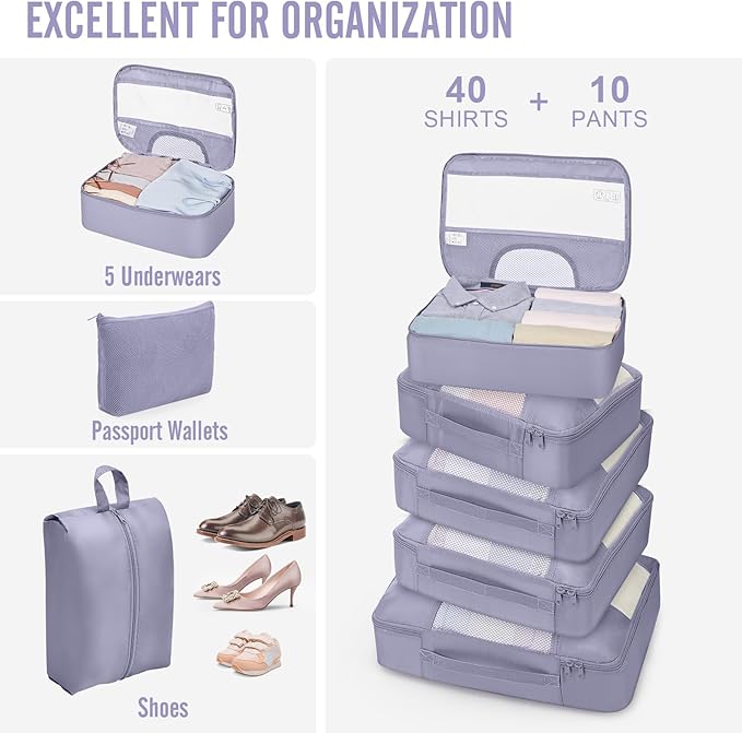Veken 10 Set Packing Cubes for Travel Essential, Suitcase Organizer Bags in 4 Sizes, Carry-On Luggage Accessories with Large Laundry & Hanging Toiletry Bag, Must-Have for Airplane, Road Trip & Camping