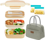 JBGOYON® Bento Lunch Box Set - 3 Stackable Containers for Adults and Kids- Includes Lunch Bag, Leak-Proof and BPA-Free - Built-in Utensil Set and Snack Bag - Dishwasher Safe (Khaki)