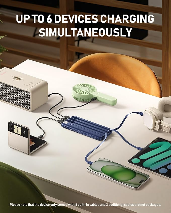 charmast 10000mAh Portable Charger with Built in Cables, 22.5W Travel Essential Power Bank Fast Charging, USB C Battery Pack for iPhone 17/16/15/14/13/12/11 Series, iPad, Samsung, Android, Tablet