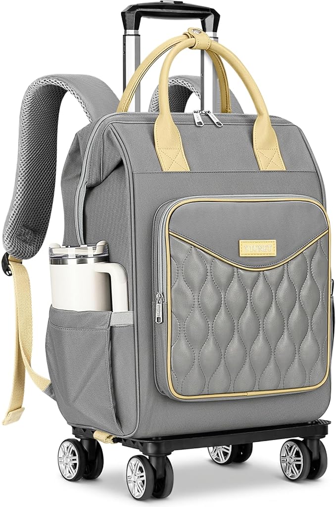 Ytonet Rolling Backpack for Women, 15.6 In Rolling Travel Backpack with 4 Spinner Wheels, Carry On Wheeled Backpack with Detachable Trolley, Water-Resistant Roller Bag for College Business Work, Grey