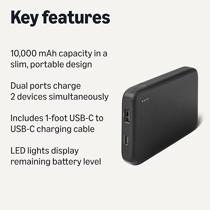 Amazon Basics Slim Portable Charger Power Bank with LED Display, 10,000 mAh, Black