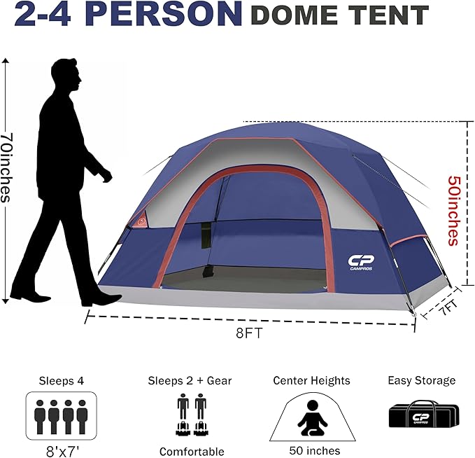 CAMPROS CP Camping Tent 2/4/6 Person, Waterproof Windproof Double Layer Dome Tent, Easy Setup with Large Mesh Windows & Wide Door for Outdoor Camping Backyard