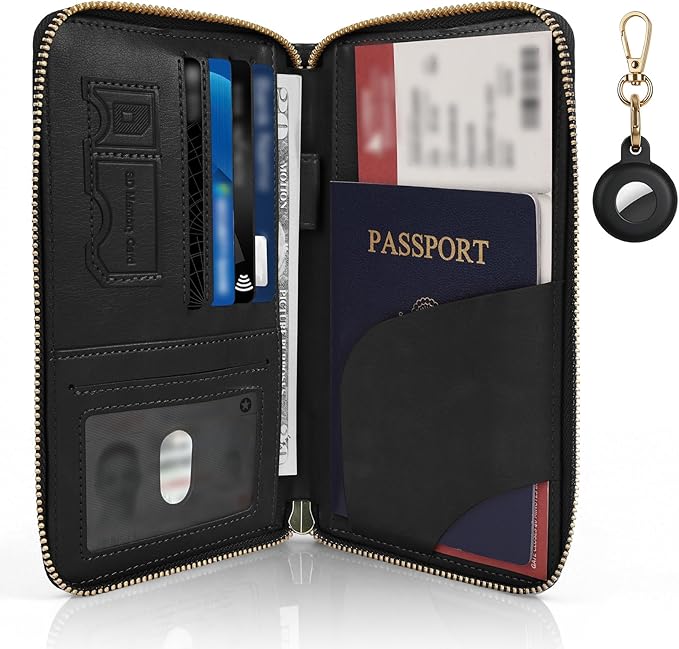 RFID Blocking Passport Wallet, Anti Theft PU Leather Passport Pouch with Tracker Case, Travel Document Organizer Zipper Wallet with Wrist Strap, Gifts for Women and Men (Black)